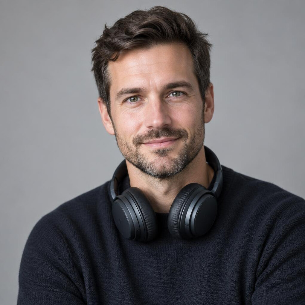 Portrait of a film editor with headphones in a studio