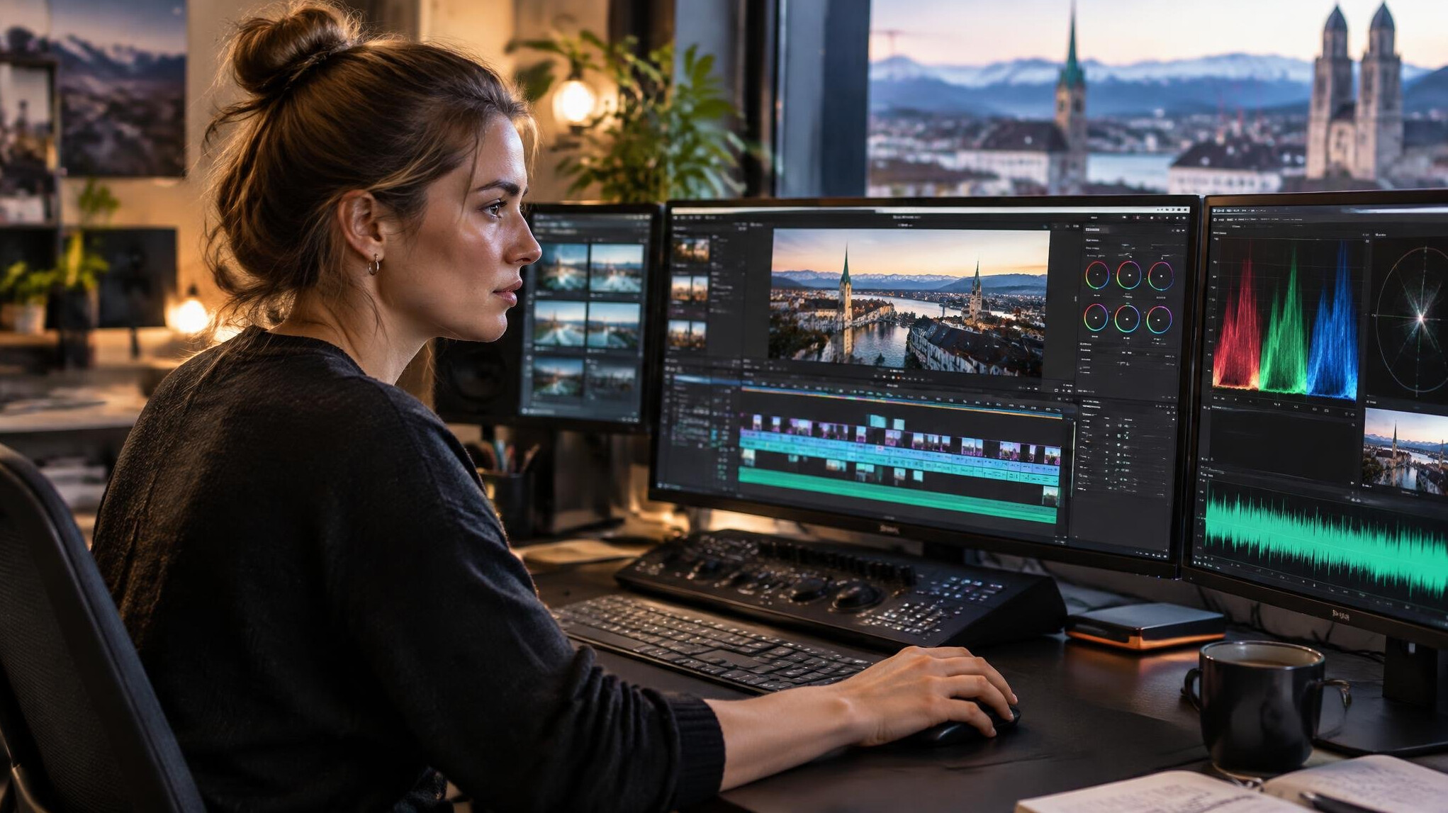 Video editor working on a colour grading timeline in an edit suite